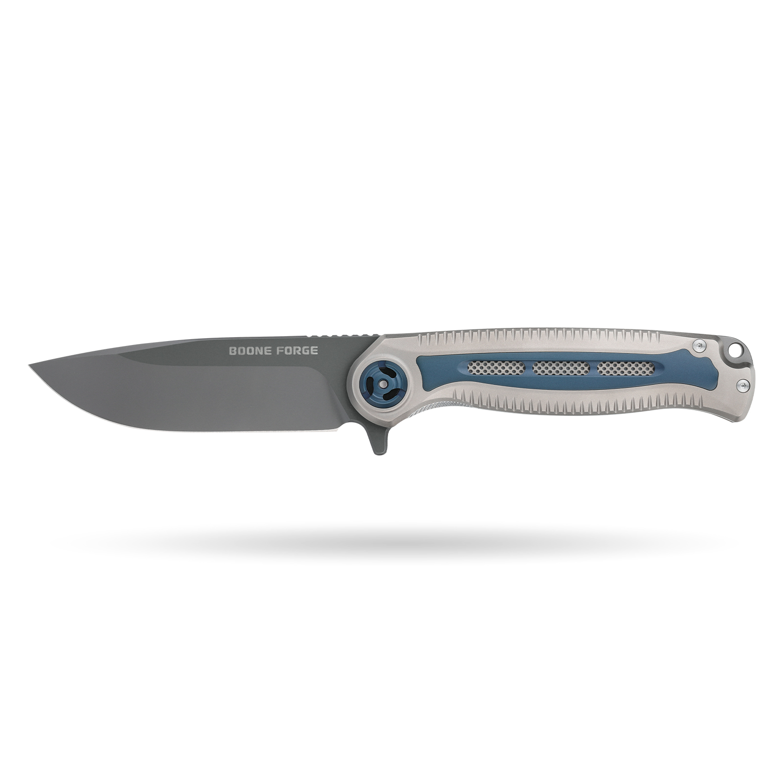 1 Tusk Blade × Boone Forge "Hyperion" Grey & Blue Titanium Liner Lock Knife (3.73" M390 Blade) - Image 1